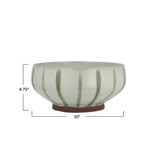 Hello Honey® 10" Cream & Green Reactive Glaze Stripes Hand-Painted Stoneware Bowl